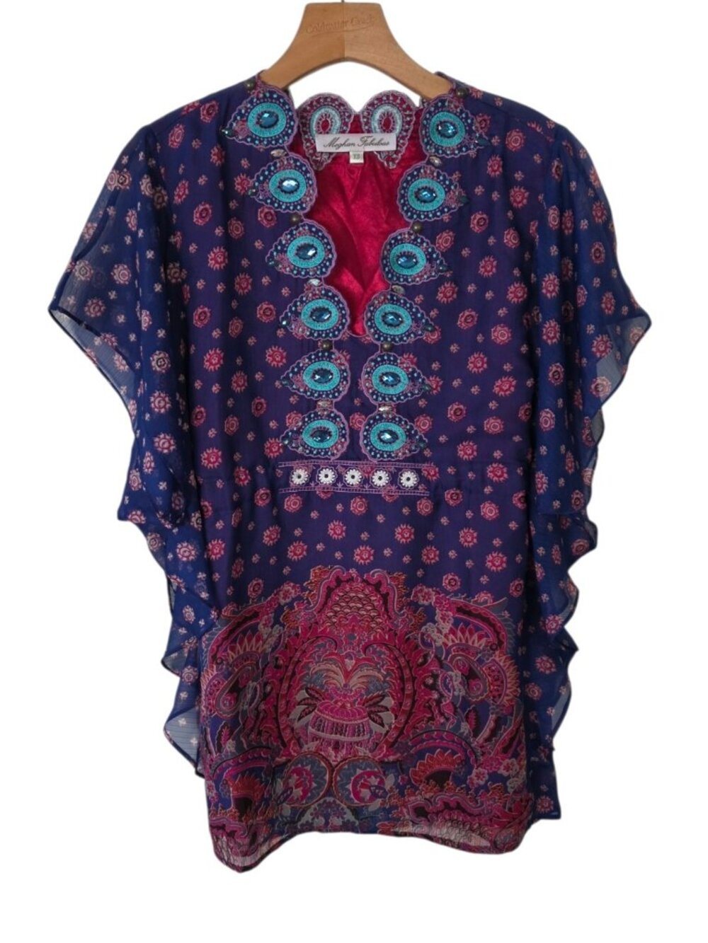 Meghan‎ Fabulous Jeweled Tunic Batwing Boho Multicolor Festival Bling Gypsy XS